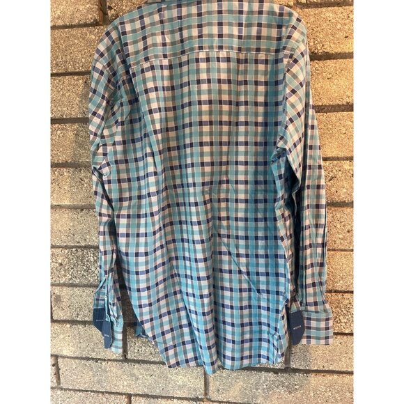 Bugatchi Classic Fit Mens Long Sleeve Button-Up Shirt Blue & White Plaid Pattern - Picture 7 of 10
